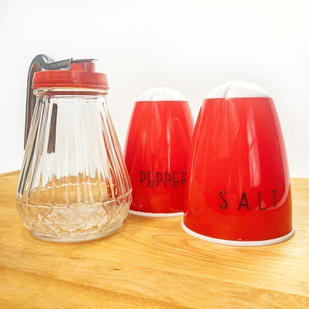 MCM Atomic Red Diner Set: Salt & Pepper Shakers and Syrup Pitcher